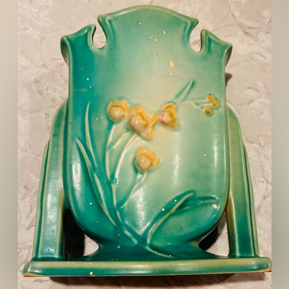Vintage Roseville Green Icia Ceramic Vase  with Floral Design Marked 858 8”.